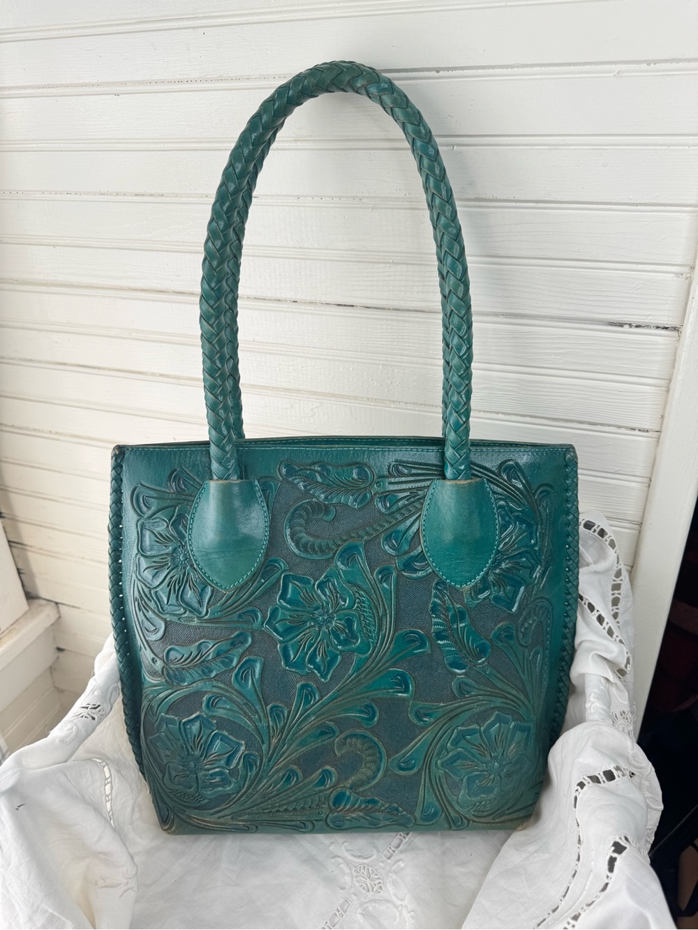 Alejandro Yeo Teal Turquoise Tooled Leather Tote Bag with Braided Handles